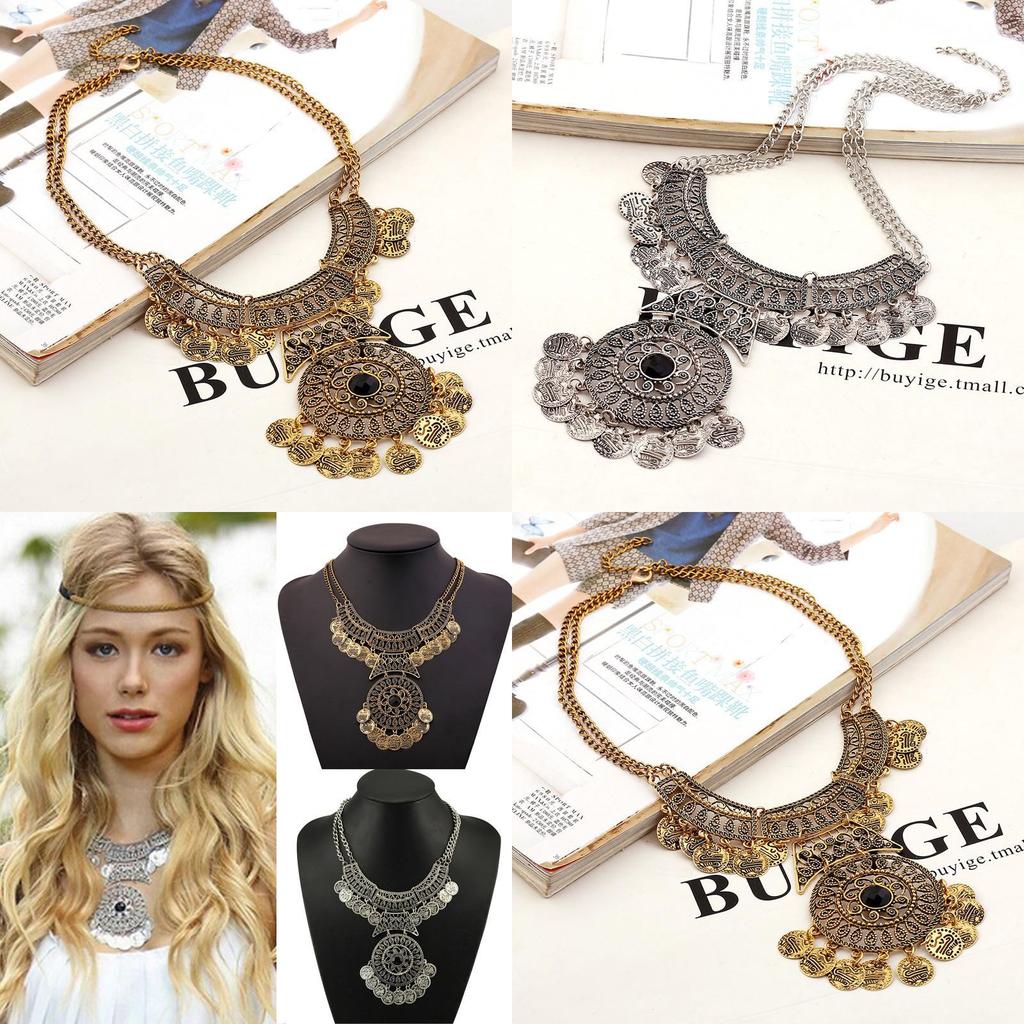 Ethnischer Stil Simulation Edelstein Mehrschichtig Runde Münze Metall Halskette für Frauen