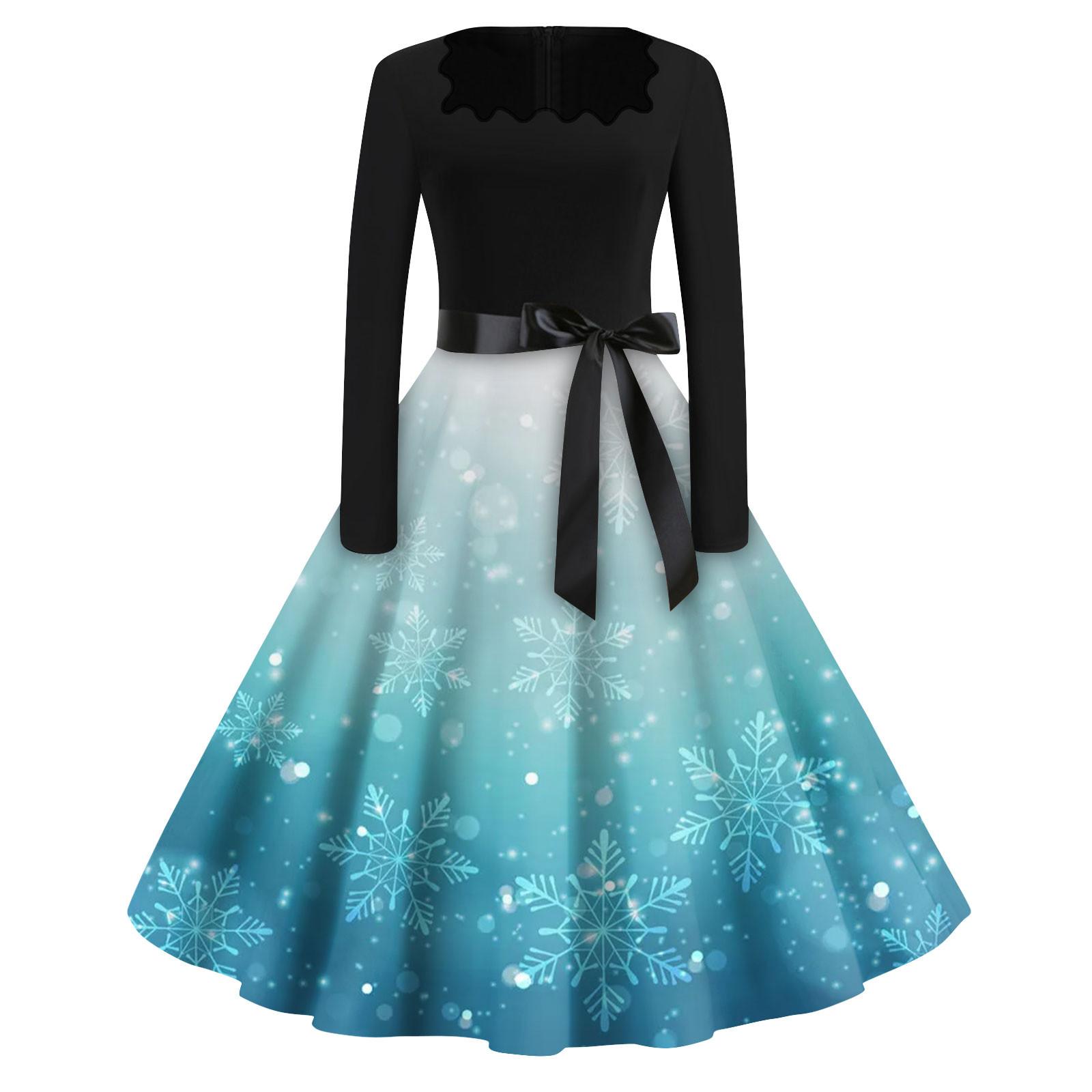 

Жіночі модні повсякденні тонкі різдвяні сукні з довгими рукавами з квадратним вирізом і принтом L світло-синій колір