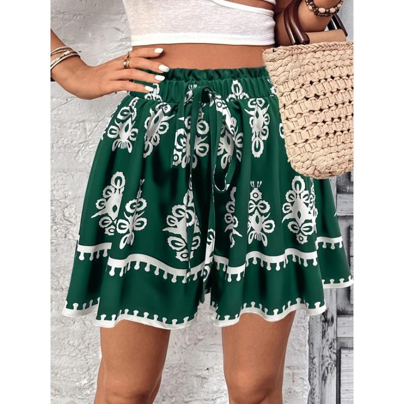 Fashion Summer Bohemian Vacation Women's Wide Leg Shorts High Waisted Casual Loose Female Shorts Printed Vintage Women's Beach Pants New