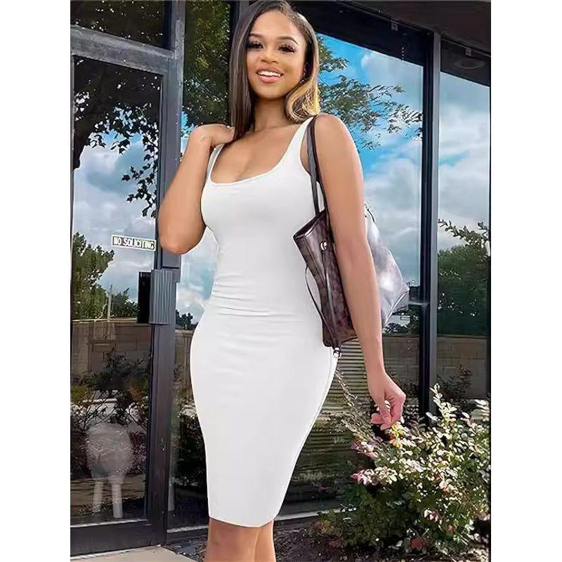 Solid Color U-neck Sleeveless Dress Women's Pure Color U-Neck Sleeveless Sheath Dress