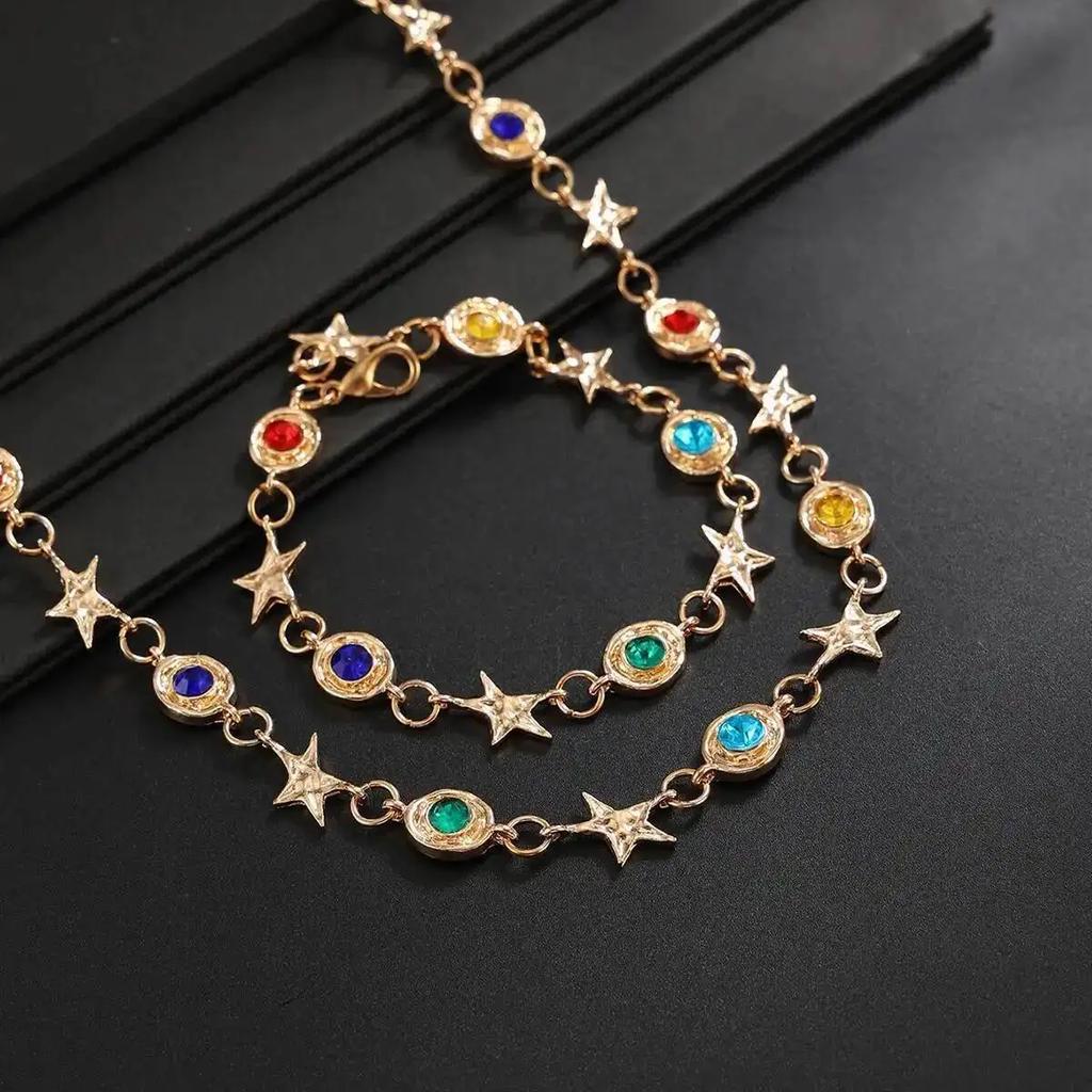 New Trendy Colorful Rhinestone Star Chain Necklace Bracelet Set for Men Vintage Punk Adjustable Jewelry Set Accessories New