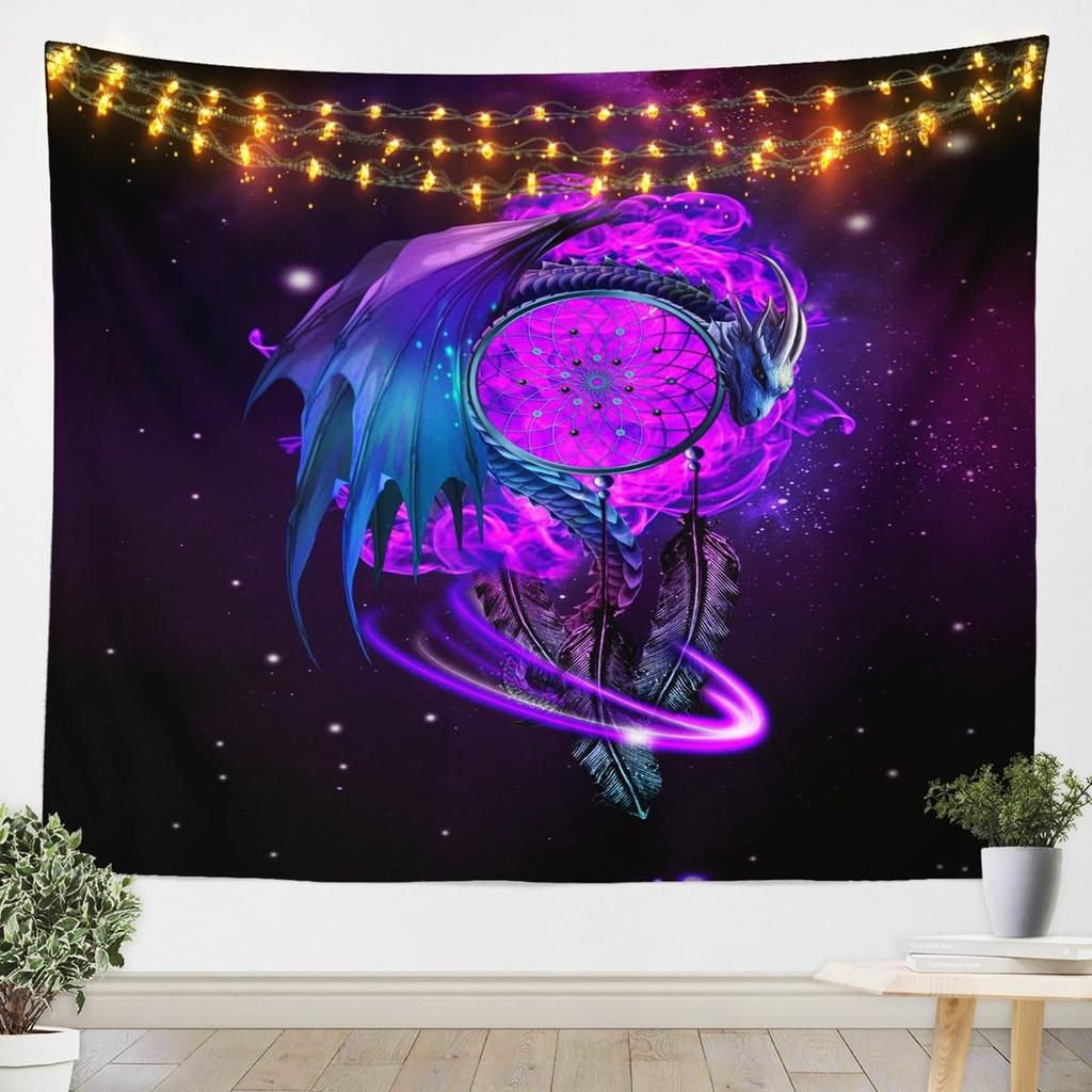Black and White Vintage Dragon Tapestries Fantasy Castle Tapestry,Dark Sky Mythical Animal Hanging Wall Art Antique Prehistoric