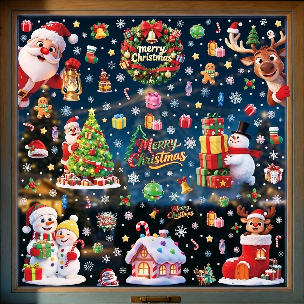 Snowflake Santa Snowman Cartoon Santa Glass Decals Decorative Static Sticker Party Supplies