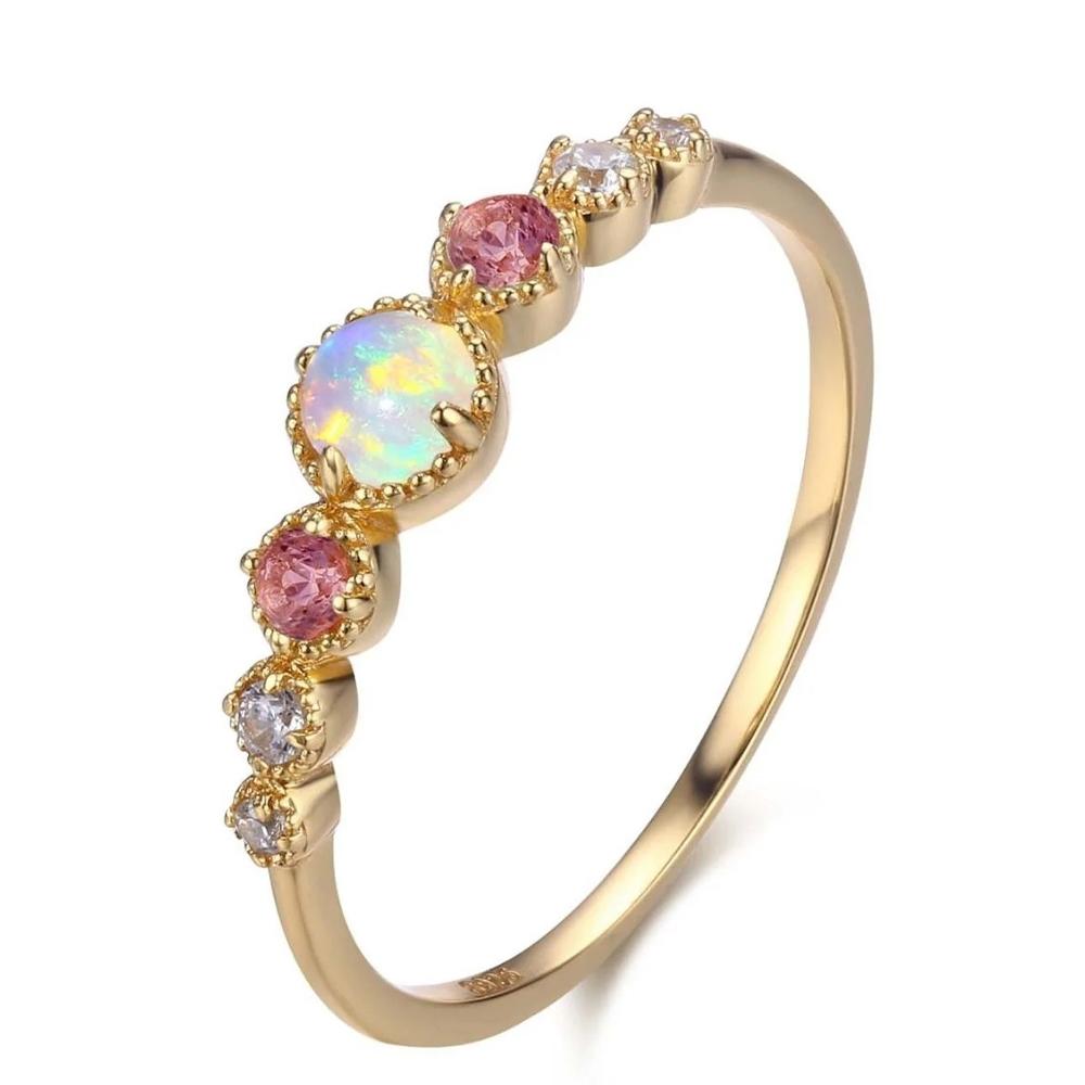 Monkton 14K Gold Plated Created Opal Rings for Women 925 Silver Rainbow Zirconia Engagement Wedding Eternity Bands