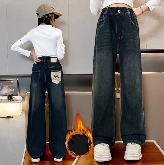 Girls' Denim Wide Leg Pants Children Insulated Jeans for Girls Baby Warm and Thick Denim Pants for Girls Winter Trousers for Kids Teenagers