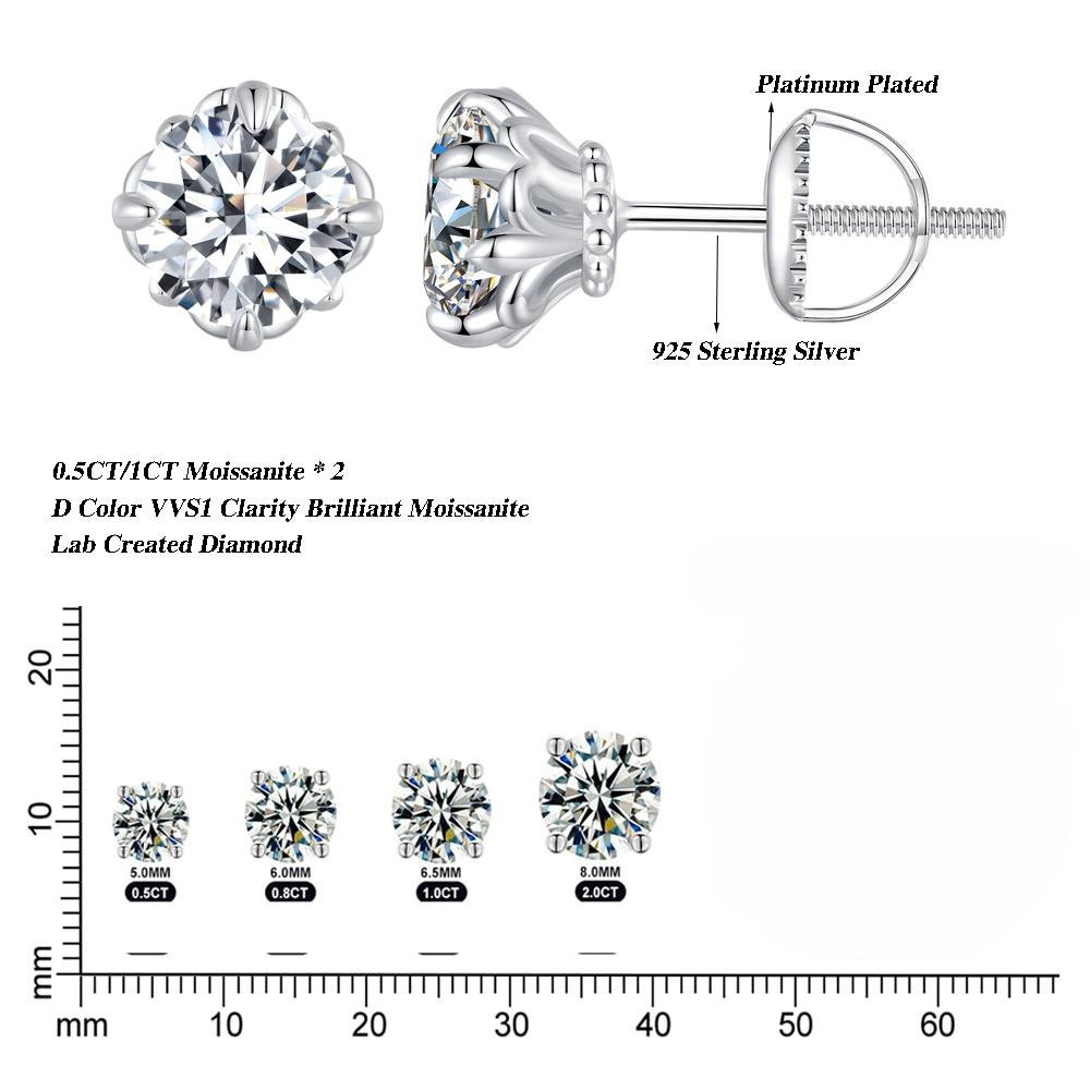 D Color 0.5/1CT VVS1 EX Moissanite Stud Earrings S925 Platinum Plated Earrings Lab Diamond Shining Valentine's Day Gift