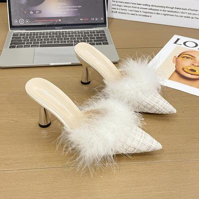 Chinelos Baotou Femininos Inverno Novo Bico Apontado Tecido Mais Pelúcia Antiderrapante Resistente ao Desgaste Slip-on Salto Alto