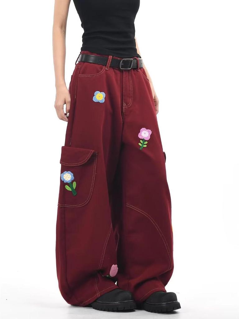 Burgundy Floral Embroidery Retro Cargo Pants - Unisex Loose Fit Denim with Wide Legs for Autumn