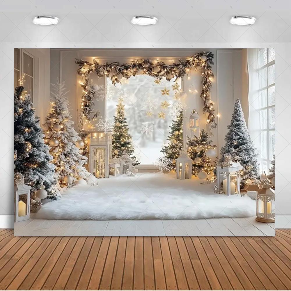 White Christmas Snow Scenery Background Xmas Tree Garland Gifts Photography Backdrop Family Xmas Party Decoration Photo Studio