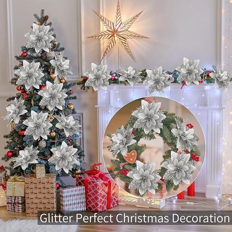 5/10/20Pcs Christmas Flower Ornaments,pink,red,gold,glitter Artifical Flowers for Christmas Tree,xmas Decoration for Home