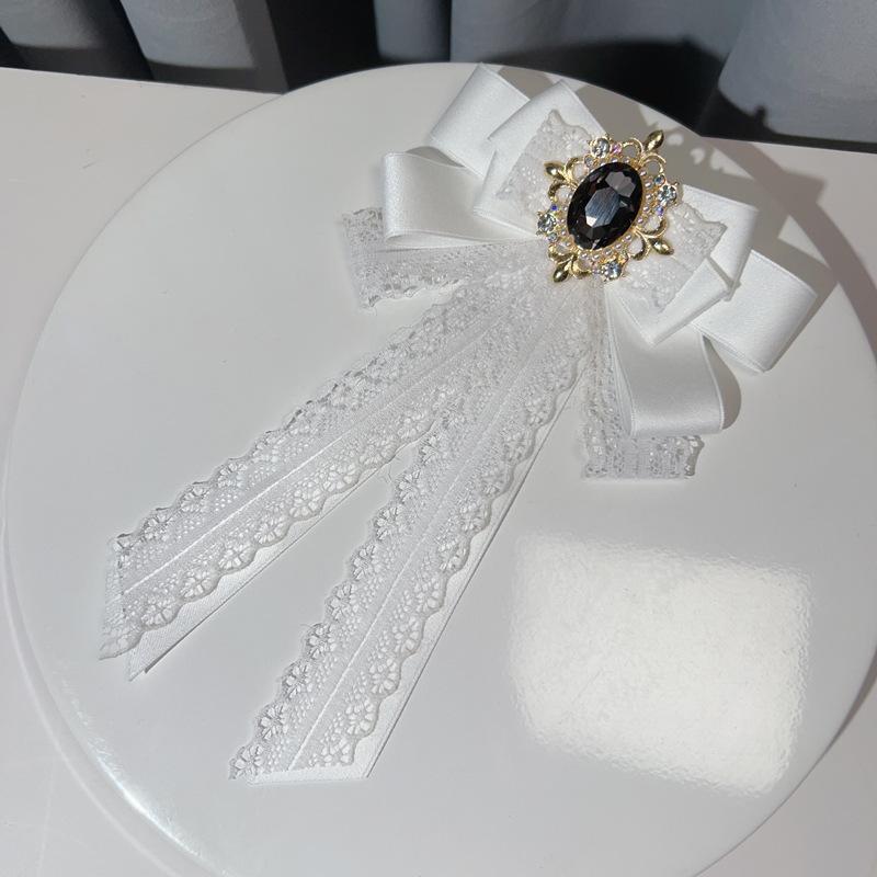 Korean Version Lolita Lace Bow Tie Women's Collar Flowers Ribbon Black Bowkont High-end Rhinestone Shirt Brooch Handmade Jewelry