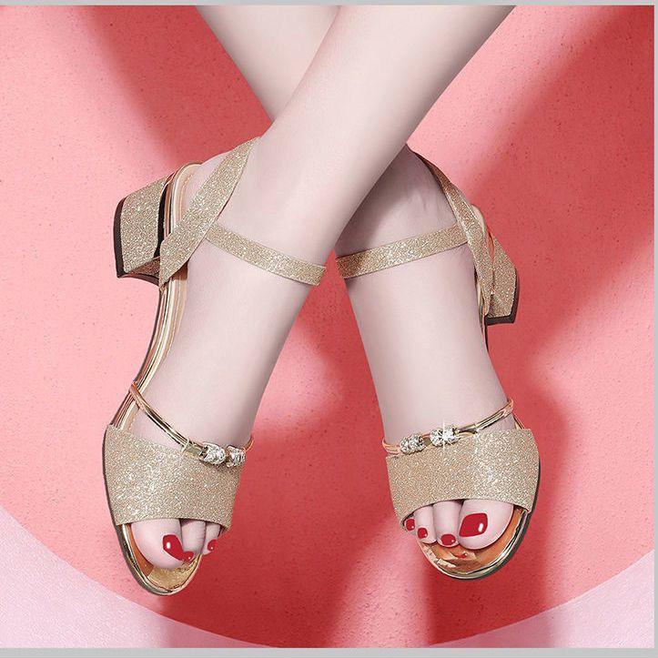 Women's shoes 2025 summer new mid-heel casual versatile fashion thick heel women's shoes Korean version open-toe one-button women's shoes