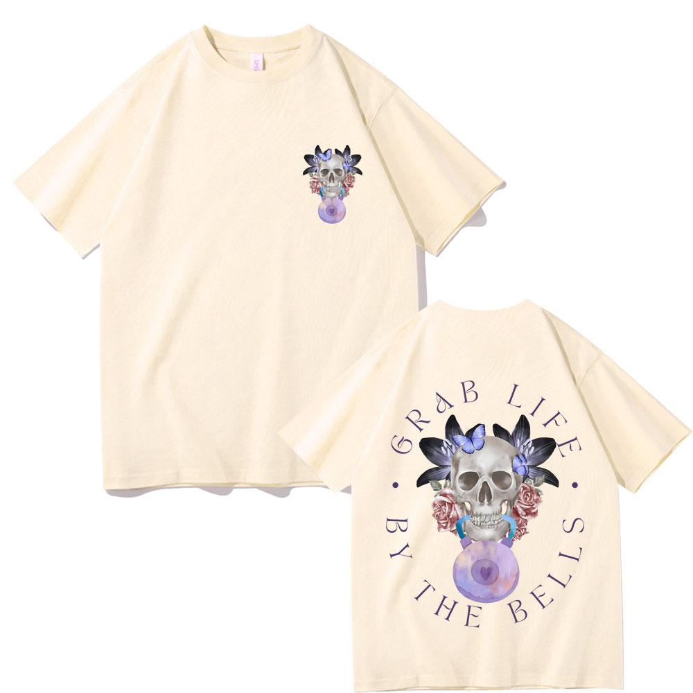 Grab Life By The Bells Gym Pump Cover T-shirt Men's Funny Kettlebell Skeleton Short Sleeve Male Fashion Casual Oversized Tees