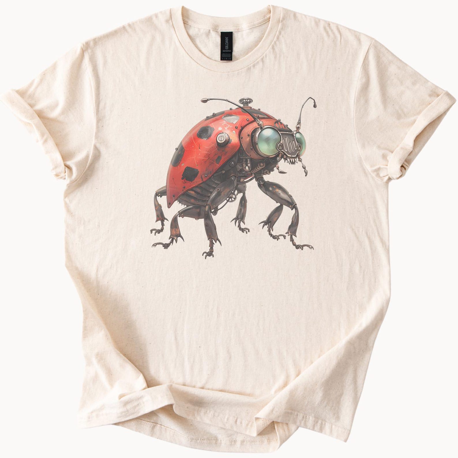 Steampunk Ladybug Robot Graphic T Shirt Mechanical Insect Art Tee Cyberpunk Bug Shirt Science Fiction Gift for Nature Lovers 100