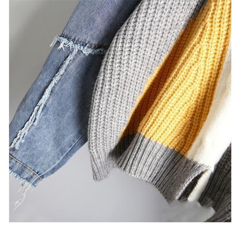 Sweater Denim Patchwork Twist Pullover Top for Girls