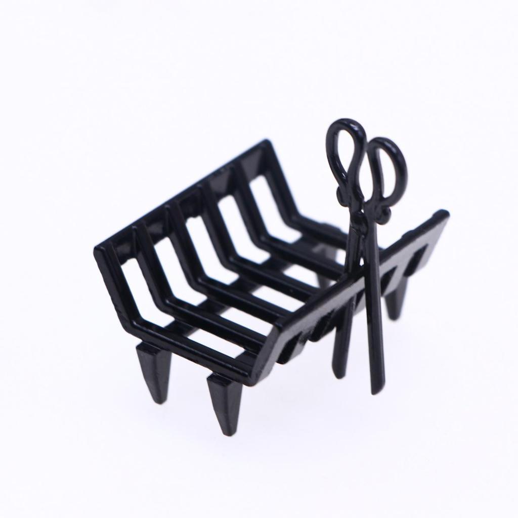 Miniature Dollhouse Fireplace Scene with Black Metal Firewood Rack Accessories