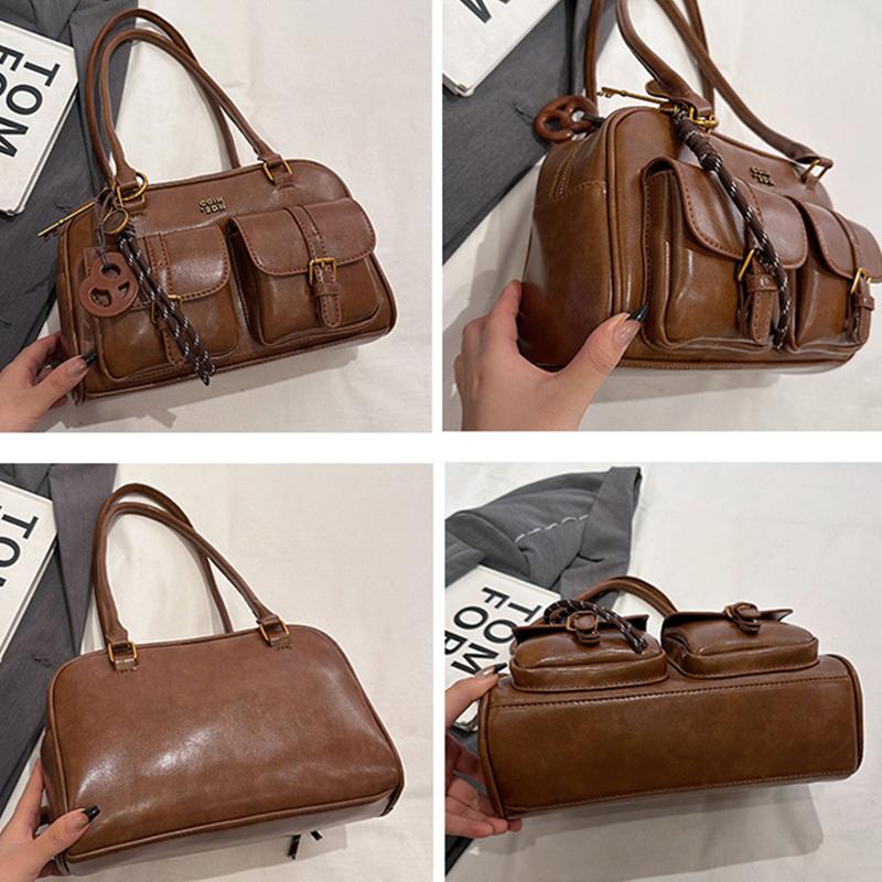 Women's Vintage Bowling Bag Multi-pocket Large Capacity Shoulder Bag Fashion New Underarm Bag Casual And Versatile Handbag