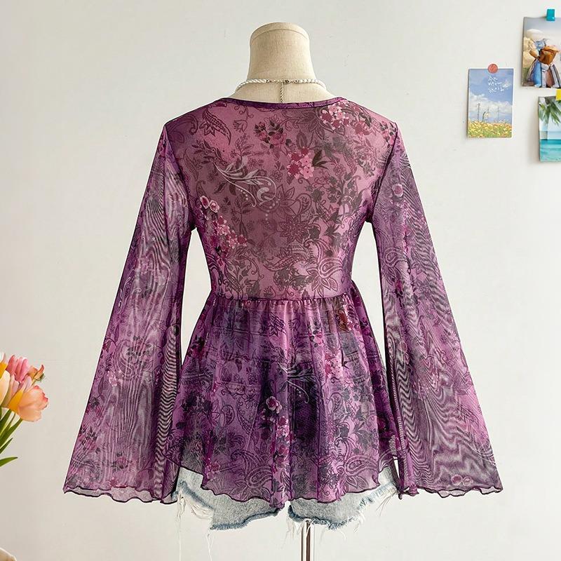 Fitted Shirt, V-neck, Flared Sleeves, Cinched Waist, Sexy Top, Printed Shirt