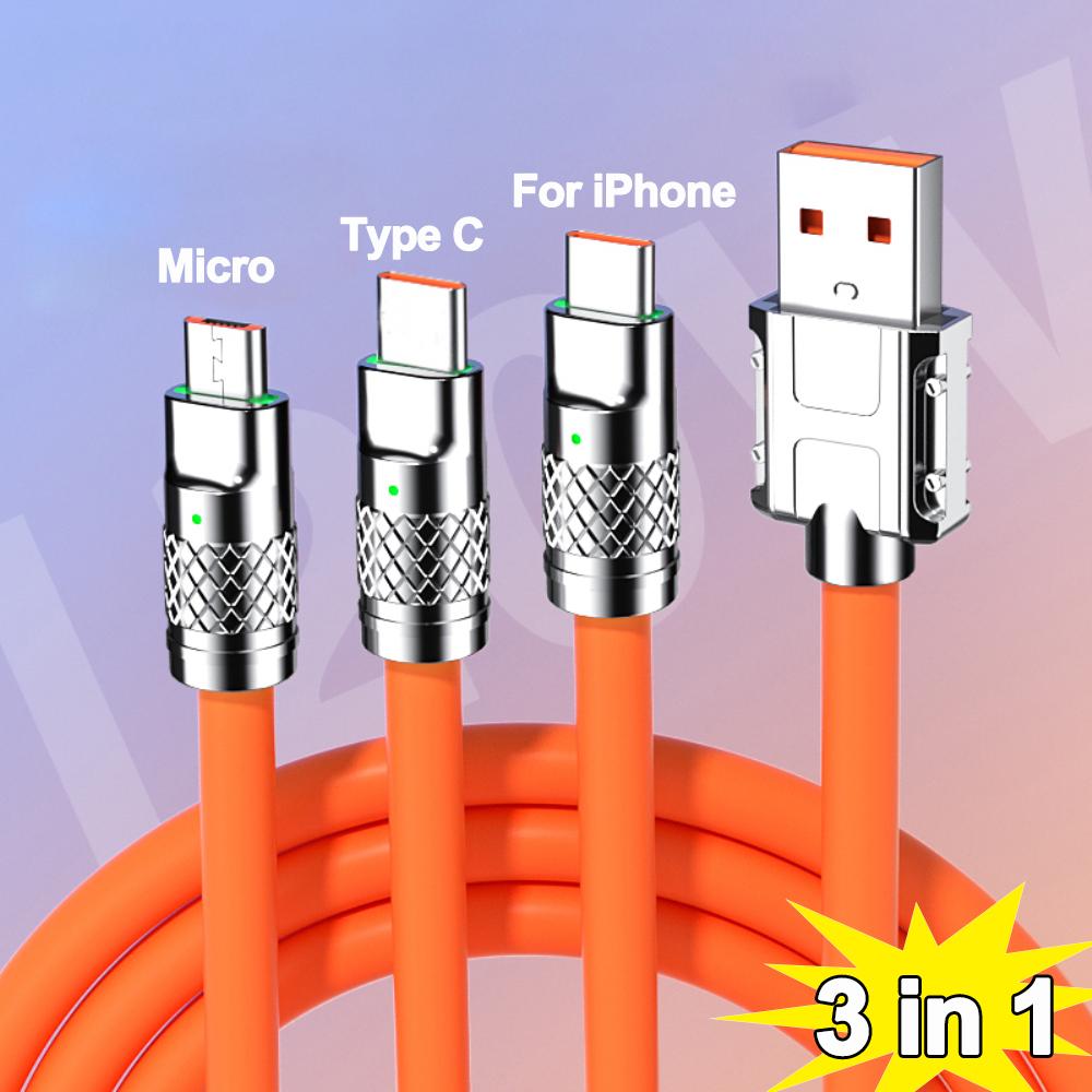 Xiaomi 3 In 1 120W Fast Charging Cable Micro USB Type-c Multiple USB Port Mobile Phone Charging Cables For Samsung for iPhone 14