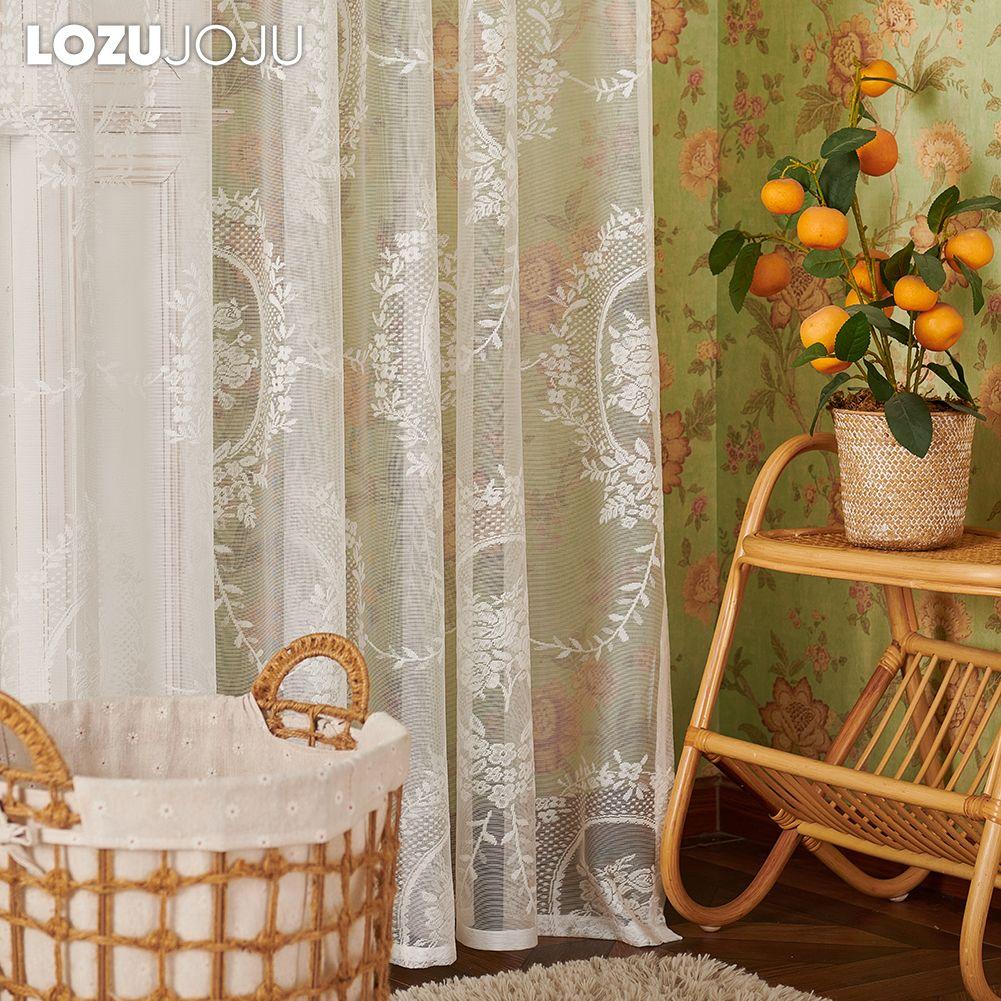 1PC LOZUJOJU French White Lace Curtain Retro Palace Style Sheer Curtain Solid Color Tulle for Living Room Bedroom Balcony Home Decor