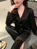 2026 Women's Luxury Ice Silk Lace Hollow Long Sleeve Pajama Set
