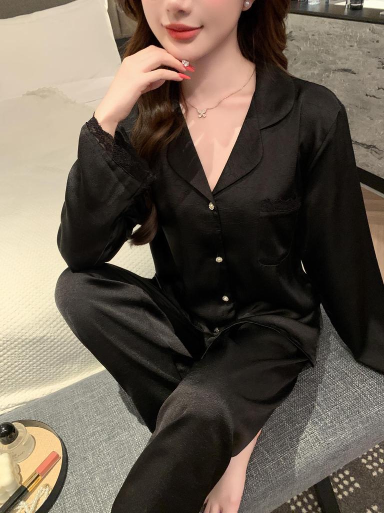 2026 Women's Luxury Ice Silk Lace Hollow Long Sleeve Pajama Set