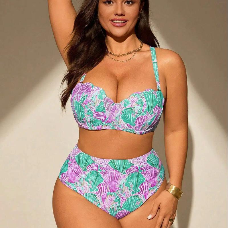 Women's Plus Size Underwire Push Up Bikini Set, Seashell Print High Waist Two Piece Swimsuit