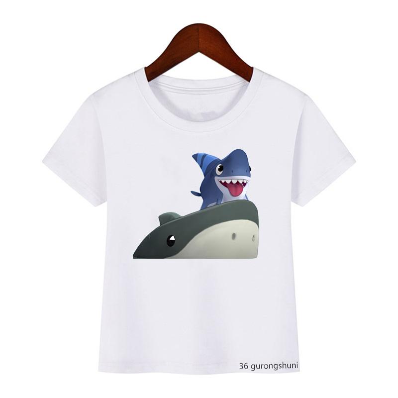 Cute Boys Girls Kawaii Sharking with Sharkdog Cartoon Print Children'S Tshirt Summer Baby Clothes White Short Sleeve Tops