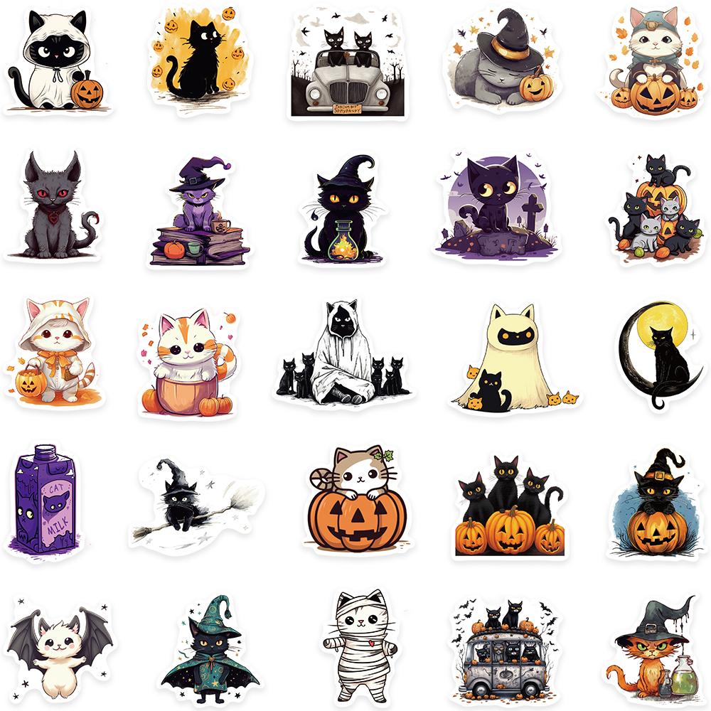10/50PCS Halloween Cat Stickers Witchy Gothic Black Cat Witch Moon Tarot Boho Halloween Cute Stickers Scrapbook Bottle Phone Graffiti Sticker