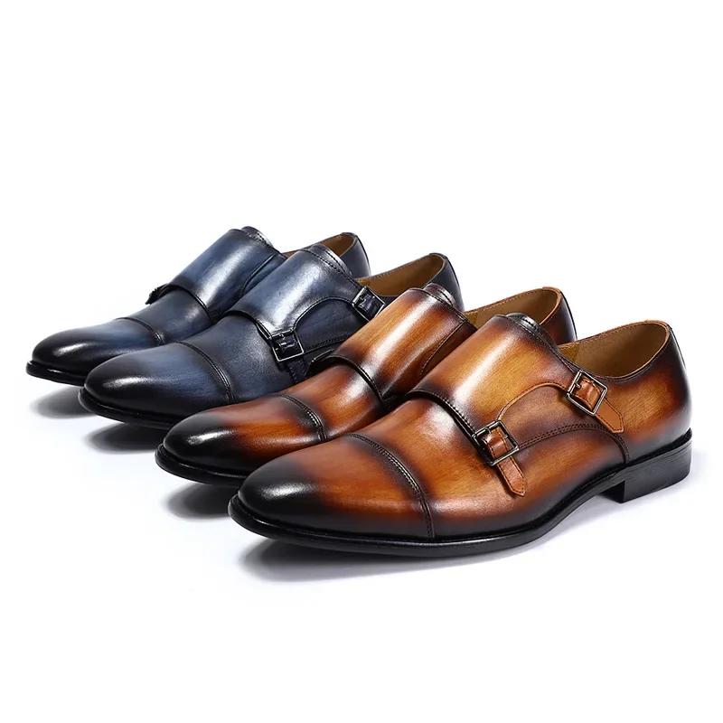 Brown Black Men Loafer Shoes Elegant Dress Formal Suit Breathable Leather Shoe No Slip Handmade Monk Nice Adult Footwear