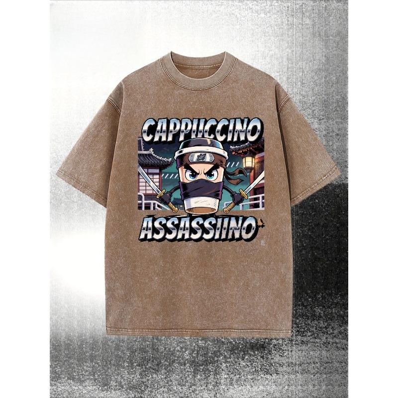 Central Graphic of a Ninja Samurai Character with a Cappuccino Cup, Accompanied by Bold White Text in Blue Outline That Reads 'Cappuccino/ Assassino'