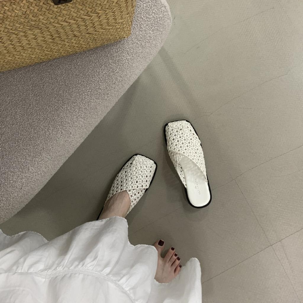 2025 Summer New Woven Breathable Square Head Slippers Bohemian Ethnic Style Hollow Bag Head Cool Slippers