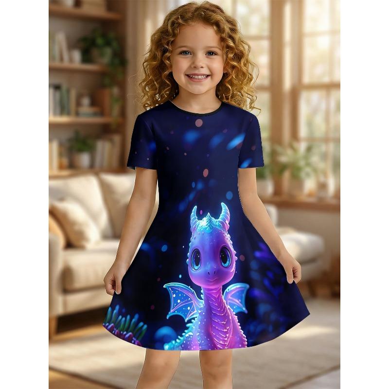 Little Girls Warm Soft Cute Fresh Dreamy Fantasy Print Summer Swing Dress Short Sleeve Kids Casual Play Outfit