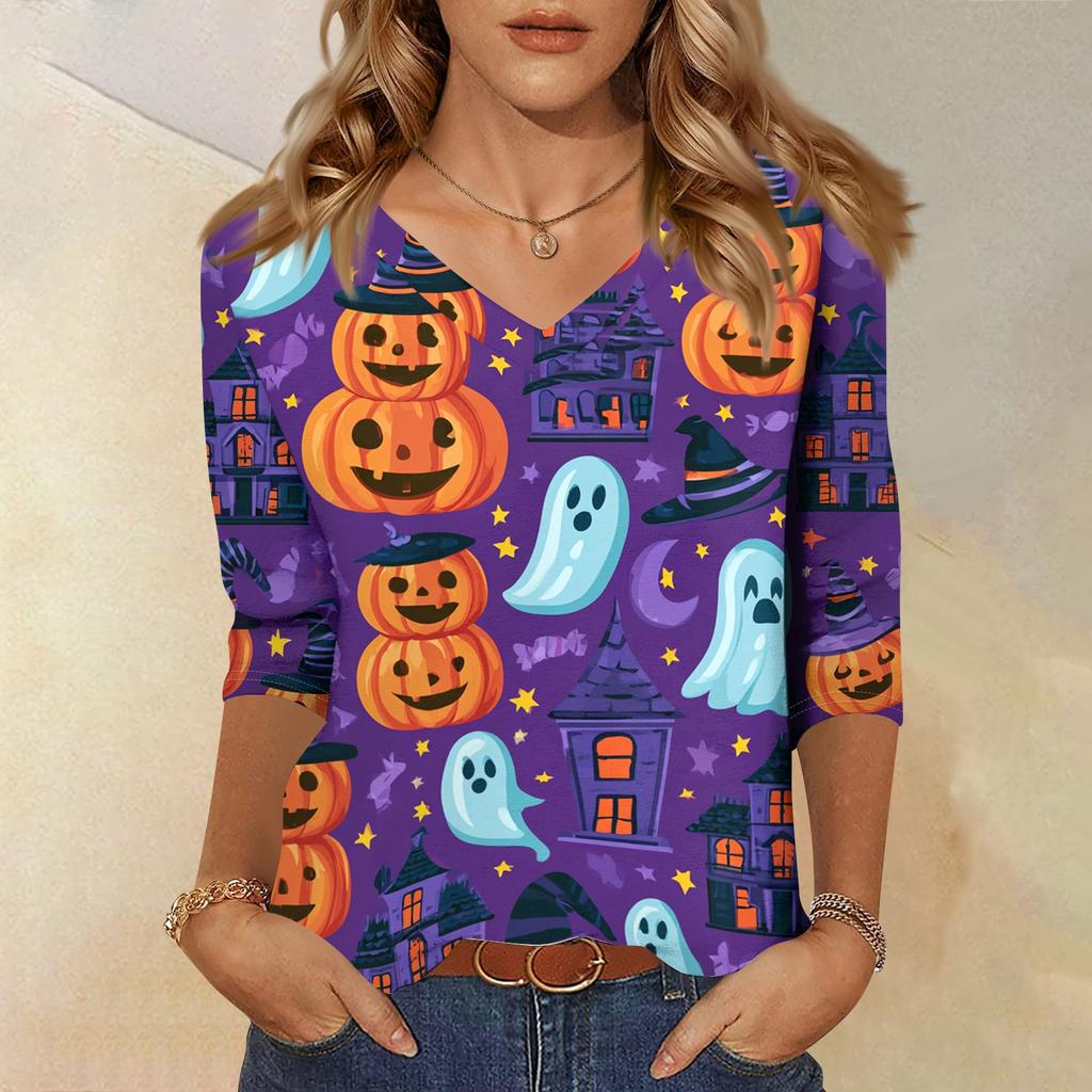 Women's Casual Halloween Print V Neck Three Quarter Sleeve Top Lightweight Soft Fabric Comfortable Fit Stylish Fall Shirt