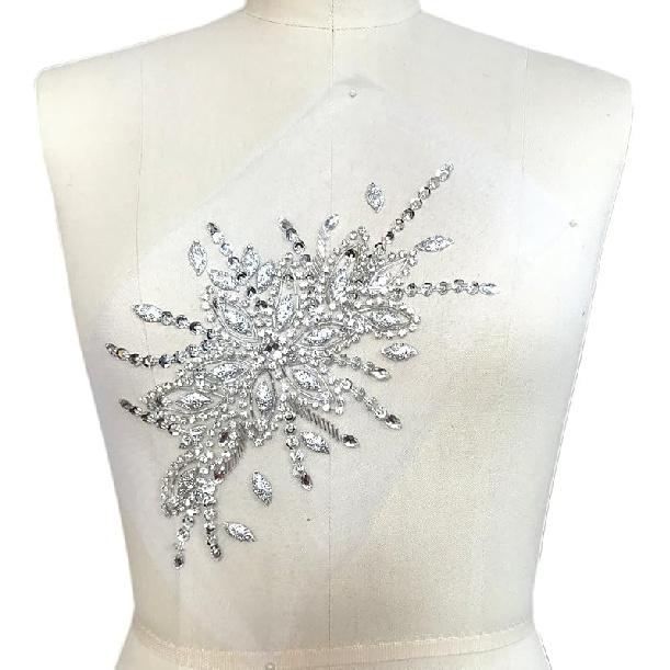 Exquisite Uniquely Pure Handmade AB Colour Bright Crystal Patches Sew-on Rhinestones Applique with Stones Sequins Beads for Wedding Dress DIY Manual