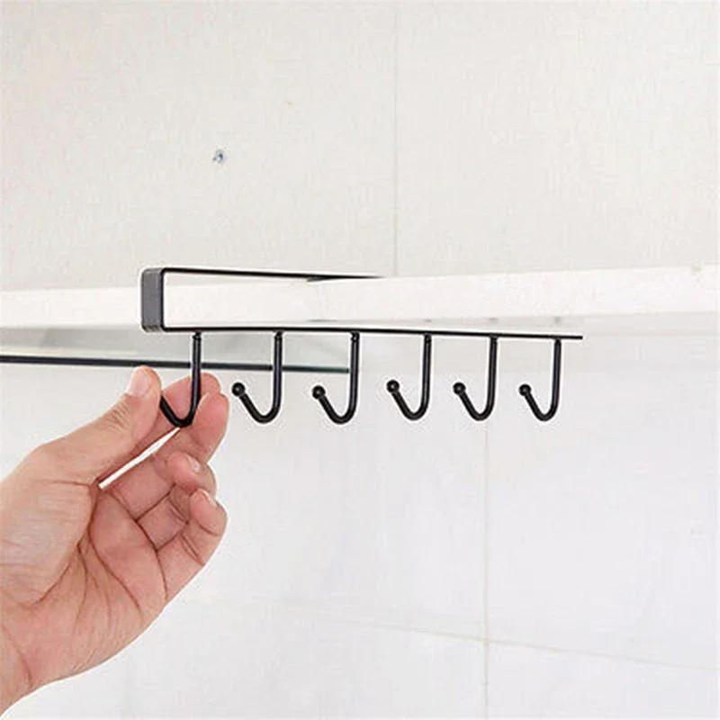 6 Hooks Cup Holder Hang Kitchen Cabinet Under Shelf Storage Rack Organiser Hook Iron Kitchen Storage Rack Bathroom Organizer