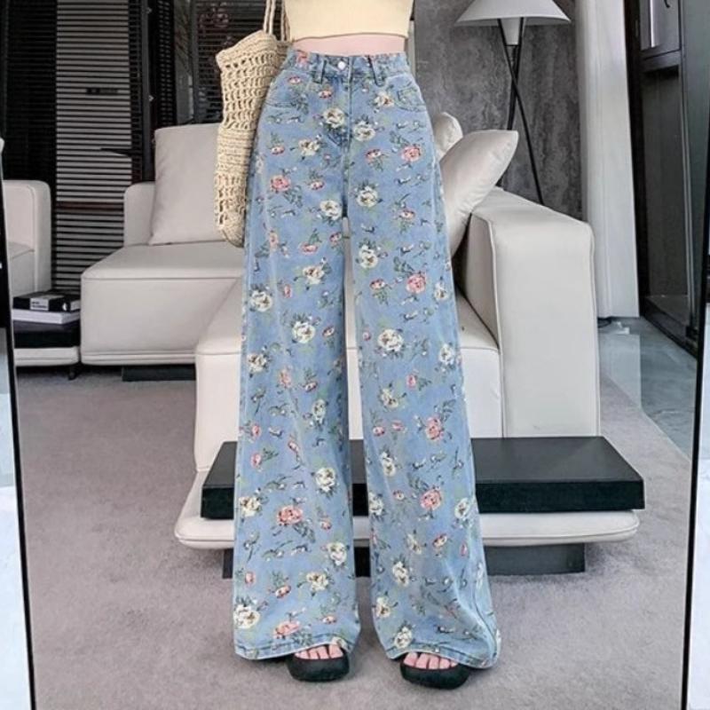 Floral wide-leg jeans women's casual high-waisted hips covering thin loose straight denim wide-leg pants women Light Wash High-waisted Casual Pants
