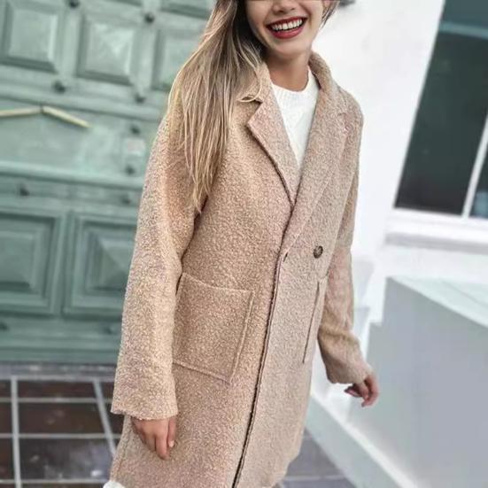 Women's Fleece Jacket Lapel Button Closure Fluffy Gown Coat Solid Color Mid-Length Plush Warm Coat for Office Parties Travel