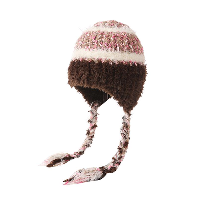 Wool hat female face small Maillard winter fringed braids thickened thermal ear protection hat cold knitted hat cold hat