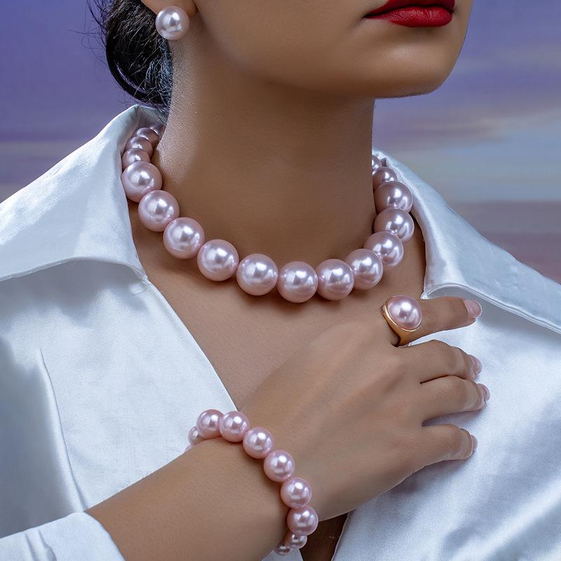 Elegant Faux Pearl Jewelry Set: Necklace, Bracelet, Ring & Earrings for Women