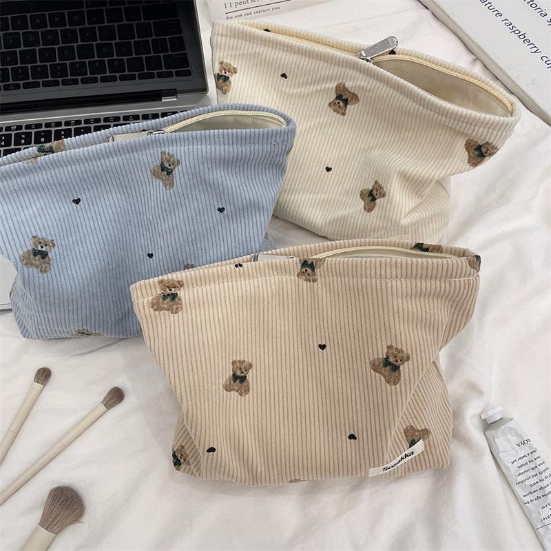 Portable Cartoon Bear Makeup Bag Corduroy Large Capacity Cosmetic Bag Pen Bags For Women Lady Girl