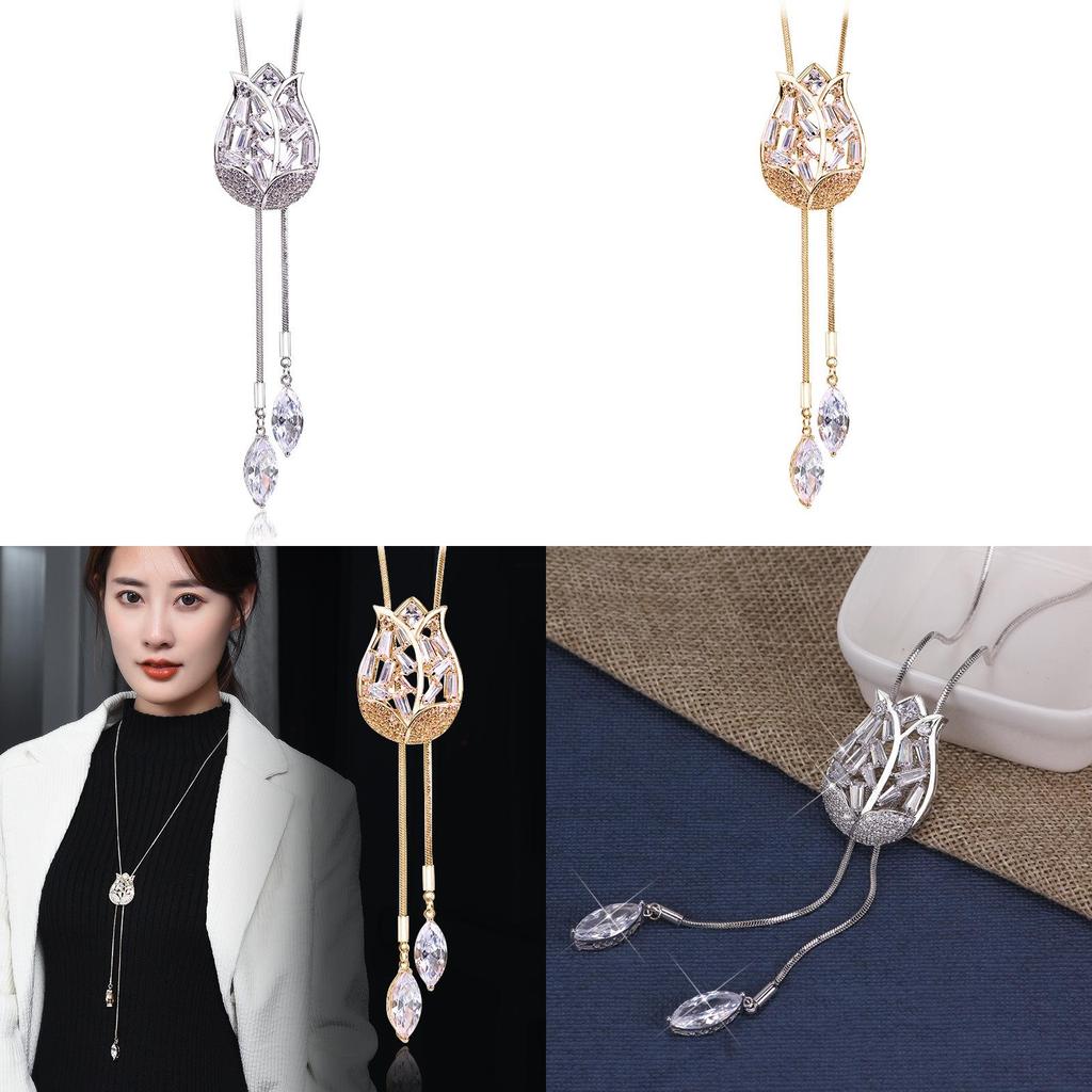 Elegante Lange Tulpen-Anhänger-Halskette Mit Funkelndem Zirkonia Für Stilvolle Frauen