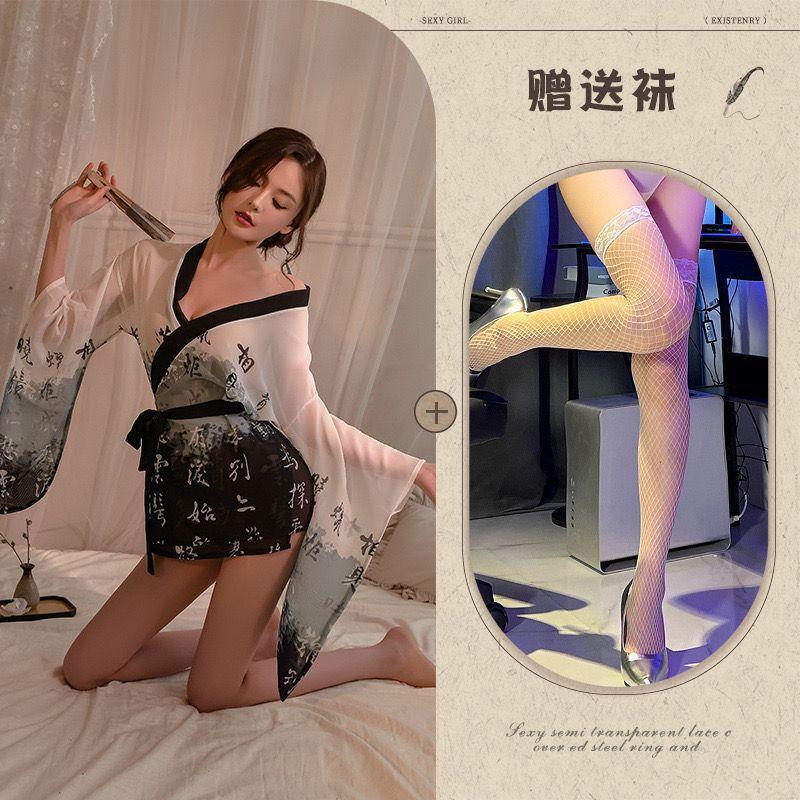 Large size ink wash Hanfu new sexy charm nightgown women's waist butterfly lace-up pajamas sexy wind free