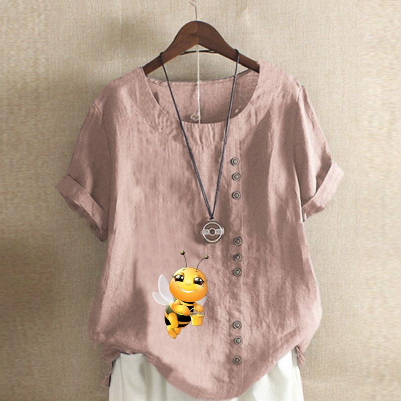Damenmode T-Shirt mit Honigbienen-Print, Rundhalsausschnitt, kurzärmelig, lässig, Baumwolle, Leinen, Grafik, Freizeit, lockere Sommerbluse