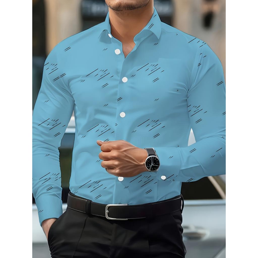 Men's Trendy Geometric 3D Line Print Long-Sleeved Shirt Men's Button up Shirt Casual Fashion Male White Shirt Lapel Shirt Tops