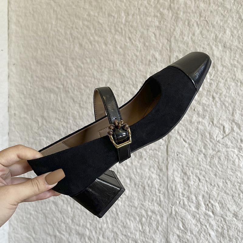 332-77 Cashmere splicing square head thick heel single shoes middle heel soft leather one-word buckle Mary Jane shoes spring and autumn