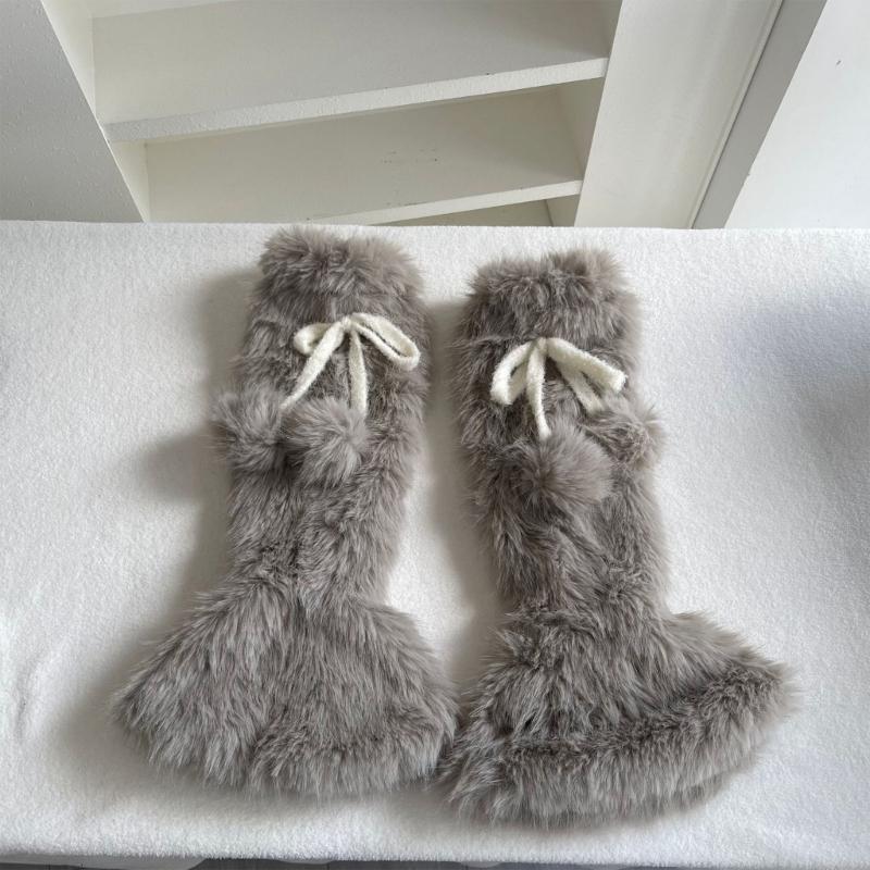 Plush Leg Warmers for Fall and Winter Layering, with Flared Lower Openings, and Bowknot Accent, Thick Faux Furs Boot Covers Long Socks for Women