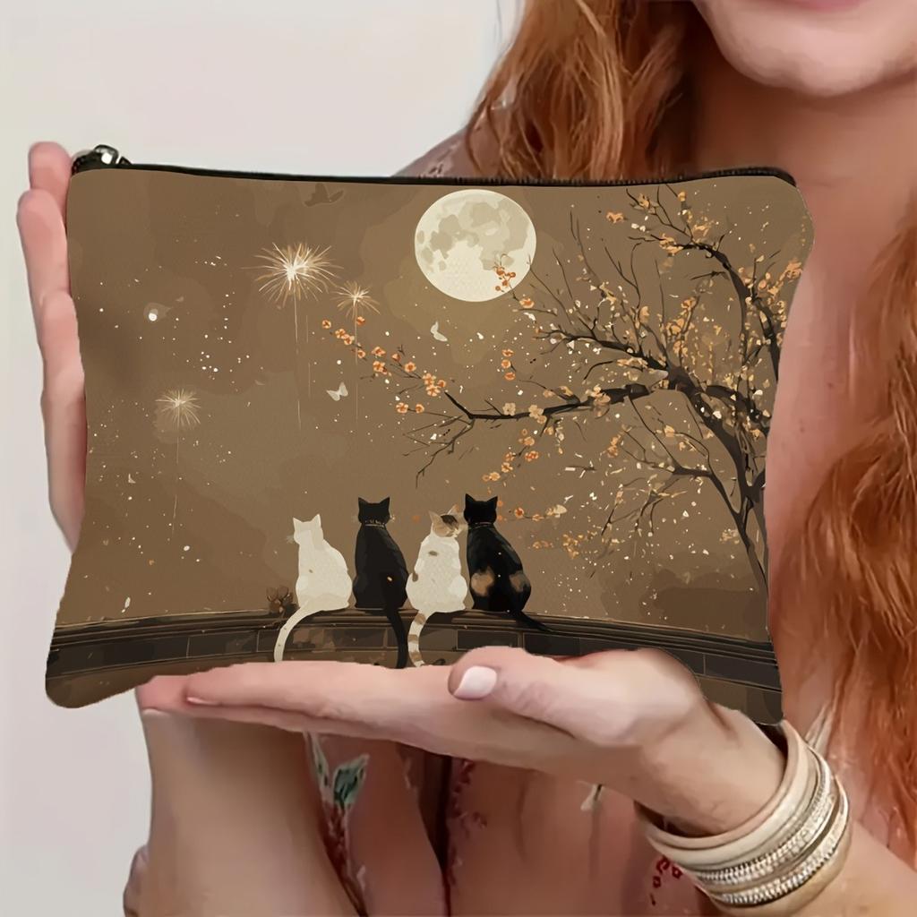 1pc Women'S Cute Cat Print Makeup Bag Sweet Fabric Cosmetic Organizer with Adorable Kittens and Floral Pattern Pouch