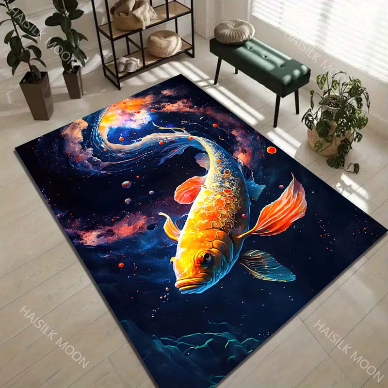 Golden koi in cosmic dream Print Carpet Rug for Living Room Bedroom Sofa Doormat Home Decor Non-slip Floor Mat