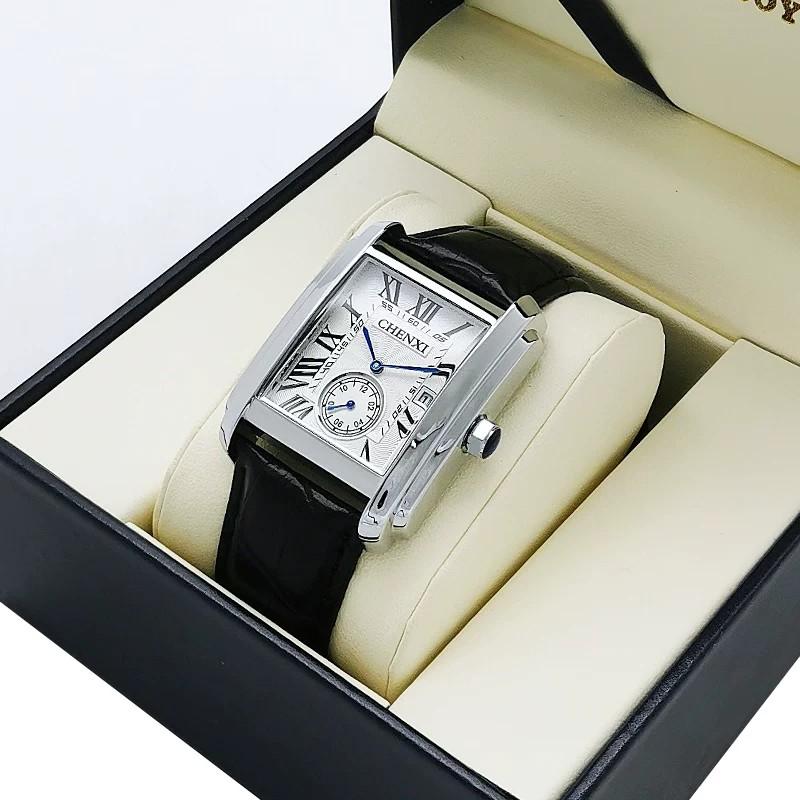 CHENXI 8216 Men's Quartz Watch Square Roman Numeral Dial Calendar Genuine Leather Band Waterproof Business Casual Wristwatch